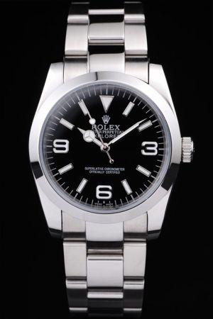 Gents Rolex Explorer Silver Bezel Black Dial Luminous Hour Marker Mercedes Hands White Gold Bracelet Engagement Watch
