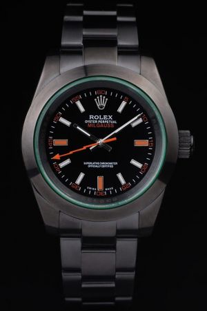 Rolex Milgauss Black PVD Case/Bracelet Black Dial Luminous Scale Orange Lightning Shaped Second Hand Automatic Movement Watch