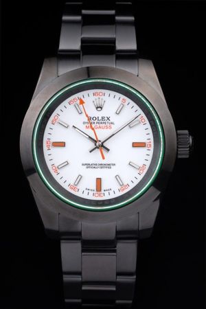 Fake Men's Rolex Milgauss 40mm White Dial Luminous Scale Orange Lightning Shaped Second Hand Black PVD Sports Watch