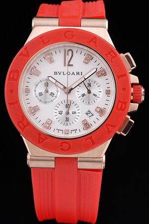 Bvlgari Diagono White Dial Diamonds Hour Markers Gold Case Red Rubber Bezel And Strap Watch BV115