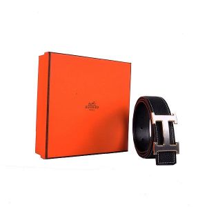 Top Sale Hermes Black Calf Leather Strap Silver Logo Buckle With Gold Edge Fashion Mens  Belt 
