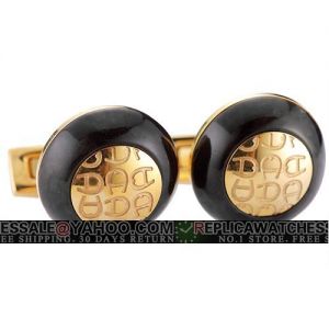 Aigner Logo Round Oil Black Lacquer Wood And Yellow Gold Cufflinks Classic Fashion CL062