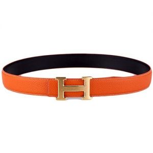 AAA Quality Hermes Womens Orange Leather Belt With Yellow Brass H Buckle  