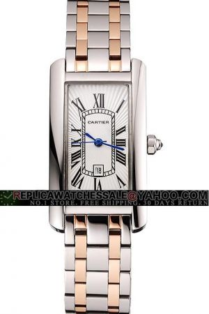 Cartier Tank Date Silver Bezel Wedding Watch KDT216 Blue Hands 2-Tone Wristband