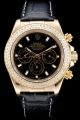 Rolex Daytona Chronograph 18k Yellow Gold Plated Case Diamonds Bezel Stick Hour Scale Three Sub-dials Black Strap  Watch