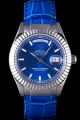 Swiss Rolex Day-date Silver Fluted Bezel Blue Dial/Strap Stick Pointer Week/Date Display Men’s  Watch