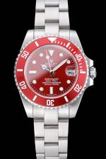  Rolex Submariner Silver SS Watch Body Red Ceramic Bezel Red Dial Dots/Stick Marker Luminous Pointers Unisex Watch