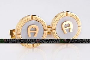 Aigner Gold Big A Logo White Flinque Stone Round Gold Engraved Edge Cufflinks for Men CL066