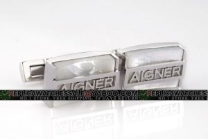 Aigner Rectangle Silver Stainless Steel White Stone Cuff Links  for Men CL070