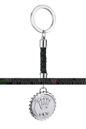 Rolex Crown Watch Bezel Design Silver Keychain Black Leather weaved Rope PE031