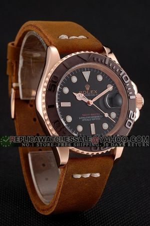 Rolex Yachtmaster Rose Gold Case Black Rotatable Bezel Dots Marker Mercedes Hands Brown Suede Strap Date Large Size Watch