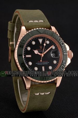 Replica Rolex Yachtmaster Rose Gold Case Black Rotatable Bezel Black Dial Dots Marker Mercedes Hands Green Suede Strap Watch