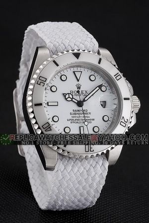 Stylish Rolex Submariner Silver Case Ceramic Bezel White Dial Dot/Stick Hour Marker Luminous Pointers White Fabric Strap Fake Watch