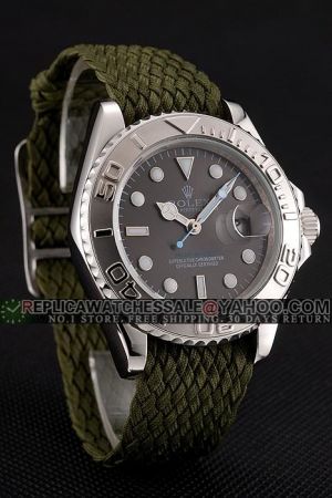 Gents Rolex Yachtmaster Stainless Steel Case Flexible Bezel Luminous Scale Blue Second Index Green Fabric Band Date Watch