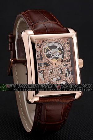 Piaget Emperador Tourbillon Rose Gold Rectangle Case Full-set Diamonds Skeleton Dial Dauphine Pointer Brown Strap Limited Watch G0A31047