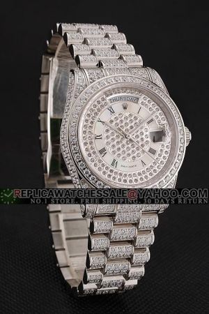 Rolex Day-date Full-set Diamonds Case/Dial/Bracelet Roman Hour Scale Silver Pointers Week Display Window Date SS Watch