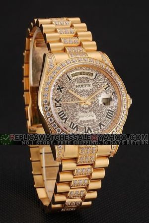 Swiss Women Rolex Day-date Diamonds Case/Dial/Bracelet Roman Numerals Stick Hand Week/Date Display 18k Yellow Gold SS Watch