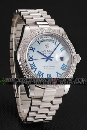 Swiss Rolex Day-date Diamonds Bezel Blue Roman Scale/Stick Hand Week/Date Display Silver Bracelet Unisex Watch Ref.118366-83206