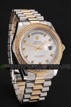 Rolex Day-date Gold Bracelet With Diamonds Inlaid Silver Dial Diamonds Hour Scale Gold Pointers Week Display 2-Tone Bracelet Fake Watch