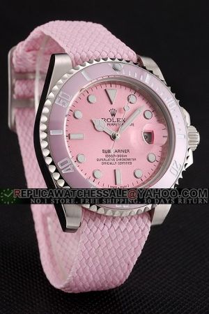 Lady Replica Rolex Submariner SS Case Pink Ceramic Bezel Pink Dial Luminous Marker/Mercedes Hands Pink Fabric Strap Watch