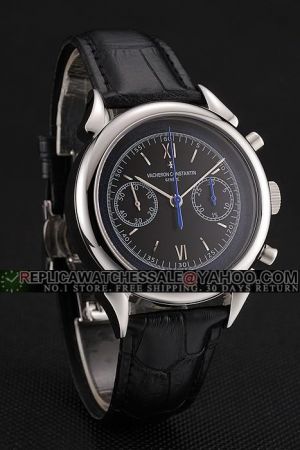 VC Traditionnelle Silver Case Black Face Stick Roman Marker Blue Second Pointer Two Sub-dials Chronograph Watch