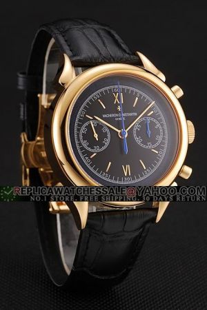 VC Traditionnelle Yellow Gold Case&Scale&Pointer Blue Second Hand Two Sub-dials Black Face Chronograph Watch