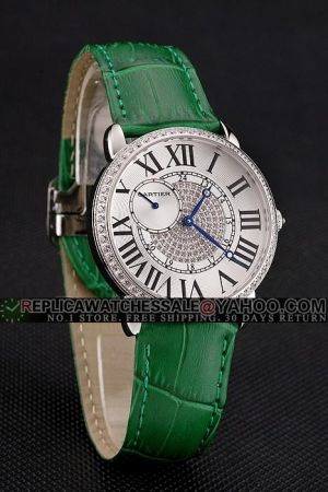  Cartier Green Strap No Date All Diamonds Bezel Ronde Businesswoman Watch KDT085