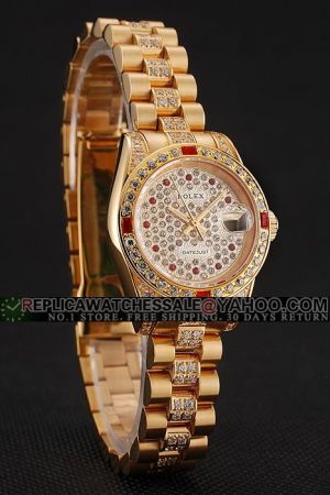 Swiss Rolex Datejust Diamonds Case/Bezel/Dial/Bracelet Rubies Hour Scale Gold Stick Hand Date Gold Plated SS Lady Replica Watch 1453959