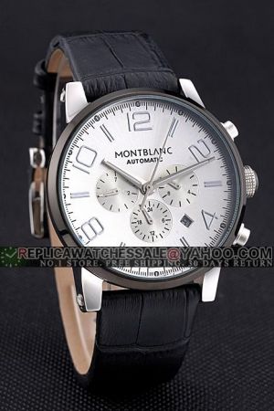 MontBlanc Classic Gorgeous Silver Dial Black Ion-plated Bezel Black Leather Strap Men's Watch MO004