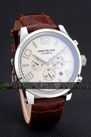 MontBlanc Tradition Chronograph White Dial Stainless Steel Bezel Brown Leather Strap Watch MO005