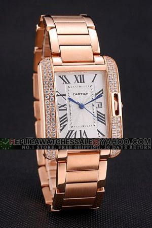 Cartier Couples Date WT100004 Pink Gold Wristband Diamonds Bezel Tank Watch KDT224 