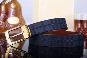 Burberry Embossed Logo Navy Leather Strap Gold/Silver Signal Tongue Buckle Mens Belt Uk