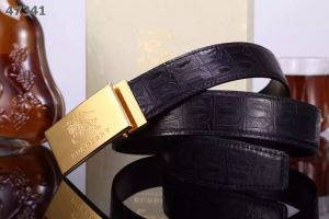 Burberry Comfortable Black Crocodile Strap & Logo Gold/Silver Plaque Pin Buckle Guy Dress Belt Online