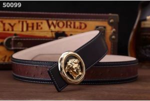 Fashion Versace Round 3D Medusa Diamonds Pin Buckle Mens Cowhide Leather & Ostrich Leather Patchwork Belt 