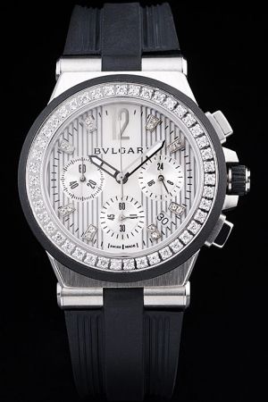 Bvlgari Diagono White Dial Diamonds Bezel Black Rubber Strap Chronograph Watch Replica Perfect Gift BV078