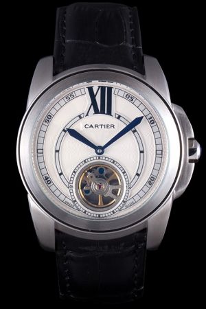 Cartier Tourbillon W7100031 Calibre Big Size Quartz Black Leather Strap Watch KDT275 Silver Bezel