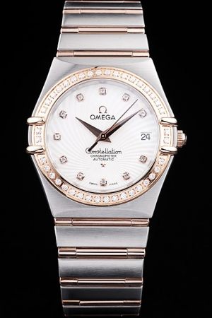 Omega Constellation Chronometer Rose Gold Diamonds Bezel White Guilloche Dial Diamonds Scale Two-tone Steel Bracelet Automatic Swiss Watch