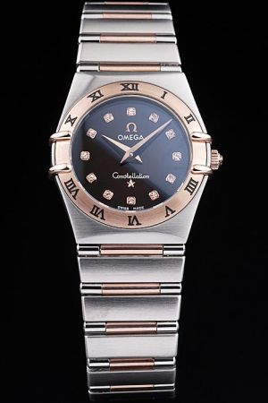Omega Constellation Rose Gold Bezel With Roman Numerals Black Dial Diamonds Marker Dauphine Hand Women Swiss Watch
