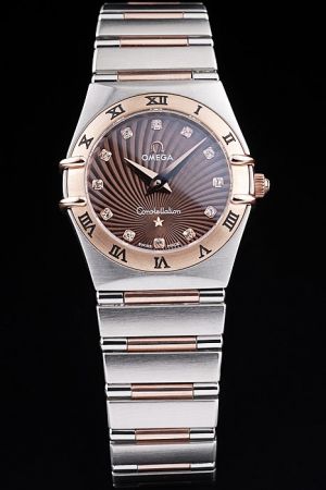 Women Omega Constellation Rose Gold Bezel With Roman Numerals Brown Guilloche Dial Diamonds Scale Two-tone Steel Bracelet Watch 123.20.27.60.63.002
