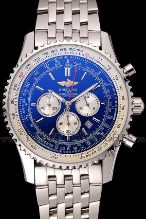 Men Swiss Breitling Navitimer Blue Dial Seriated Bezel Silver Steel Copy Watch