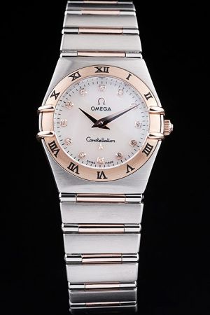 Swiss Lady Omega Constellation Rose Gold Bezel With Roman Numerals White Dial Diamond/Stick Scale Dauphine Pointer Quartz Watch