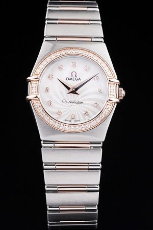 Imitated Omega Constellation Rose Gold Diamond Bezel White Guilloche Dial Diamonds Hour Marker Two-tone Steel Bracelet Lady Watch