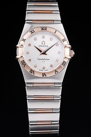 Omega Constellation 25mm Rose Gold Griffes Bezel Silver Dial Diamonds Hour Scale Rose Gold Pointer Women Stainless Steel Watch
