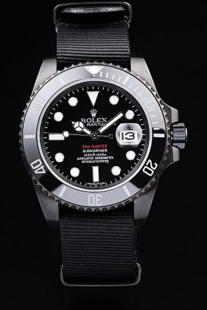 Rep Swiss Rolex Submariner PVD Case Ceramic Bezel Luminous Scale/Hand Magnified Date Window Black Cloth Strap Men’s Watch