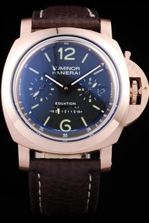 Panerai Luminor Equation Rose Gold Case Black Dial Brown Leather Strap Watch PN084