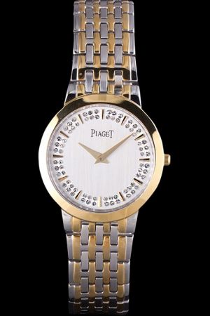 Men Piaget Dancer Yellow Gold Bezel/Marker/Hand White Dial With Double Rim Diamonds Studded Two-tone Bracelet Watch