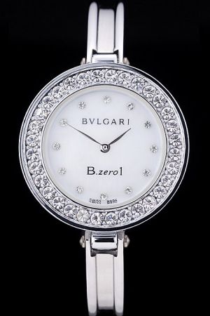 Bvlgari B.zero1 Luxury White Dial Crystals Case Diamonds Markers Stainless Steel Bangle Watch BV021