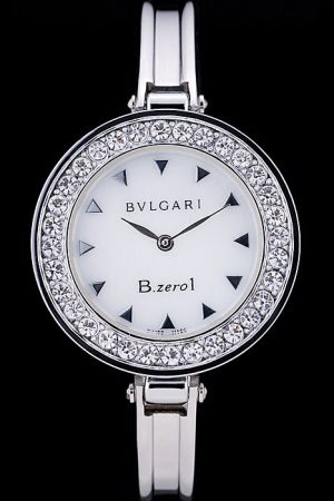 Bvlgari B.zero1 Graceful White Dial Triangle Markers Diamonds Case Stainless Steel Bangle Watch BV022