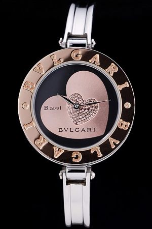 Bvlgari B.zero1 BZ35WHSGL Black Dial Pink Gold Diamonds Hearts Gold Engraved Bezel Steel Bangle Watch BV009