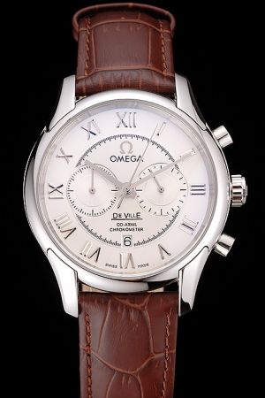 Omega De Ville Co-Axial Chronometer Stainless Steel Case/Scale/Pointer Silver Concentric Dial Two Sub-dials Brown Strap Watch